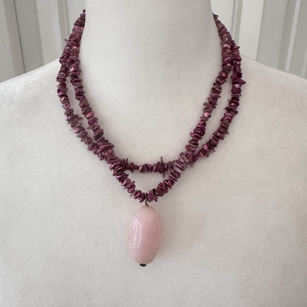 Natural Beaded Chip Necklace Chain Pink Rose Stone Pendant Boho Surfer Statement